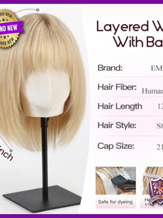 Shoulder Length Human Hair Bob Wig with Bangs, Layered Style, Breathable Cap main image 4